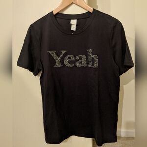 H&M Black Tee with Glittery Silver 'Yeah' M